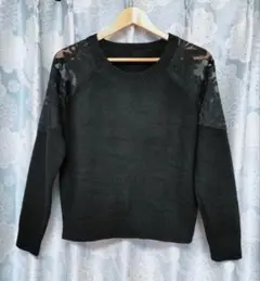 ✨マキシム✨肩透け３Ｄ 綺麗シア黒レース ニット黒シースルーセーター Ｍ✨