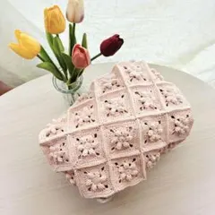 かぎ針編み 立体花モチーフ マルチカバー グラニースクエア コットン ピンク
