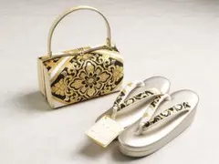 【新品】草履バッグセット フリーサイズ 古典柄 帯地 黒&ゴールド　01895