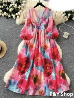 秋冬コーデ❤️レディース　ロング丈ワンピース　花柄　エレガント