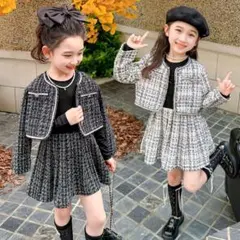 キッズ入学式スーツ2点セット小学校130卒園式ホワイト白ツイード女の子リボン韓国