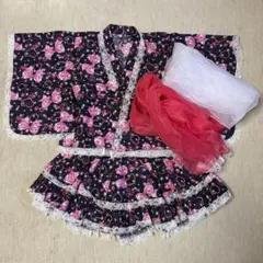 浴衣ドレス・帯セット 甚平 スカート 子供用 女の子 130cm 黒・ピンク