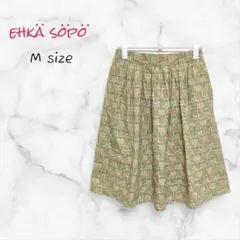 【大人可愛い】ehka sopo フレアスカート グリーン 総柄 コットン M