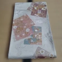 袋帯 正絹 金糸 古典柄 扇面 花柄 ベージュ系 上品 フォーマル 美品