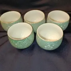 【まとめ買いお得】緑色 花柄 湯飲み 5個セット