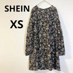 お値下げ歓迎✨ SHEIN 【XS】花柄 長袖 ひざ丈 ワンピース Aライン 黒