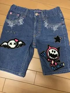 平成レトロエンジェルブルー　デニム 半ズボン 刺繍 パッチ付き　140 ナルミヤ