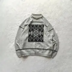 【希少レア】90s モックネック ハイネック セーター アート 柄 グレー 黒