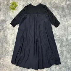 ジョルジュレッシュ 七分袖 ワンピース 異素材切替 無地 黒 紺 Aライン