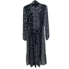 QUEENS COURT クイーンズコート花柄とドット柄シフォンワンピース黒