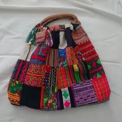 モン族 パッチワーク手刺繍あり ハート木製手持ち かばん