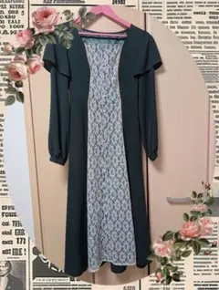 axesダークグリーン ロング丈ワンピース レースパネル
