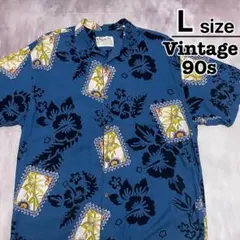 90s　USA古着　アロハシャツ　L　ブルー　青　ハイビスカス　カード柄　半袖のサムネイル