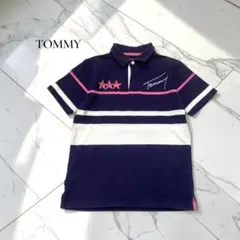 ✽TOMMY ポロシャツ【M】ボーダー　半袖　ロゴ刺繍メンズ　ゴルフA255