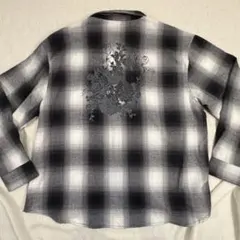 オンブレチェックシャツ 花柄バックプリント M 黒グレー