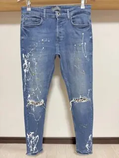 春夏用 柔らかめ ZARA MAN ペイント ヒョウ柄 リペア スキニー デニム