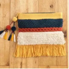 イエローマルチカラータッセルチャーム付きフリンジクラッチバッグスパイラルガール