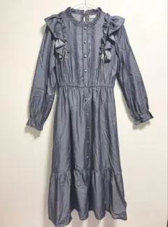 アクシーズファム フリルリボン デニム風 ロングワンピース インディゴ M