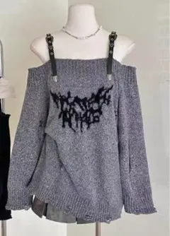 オフショルダー グレー トップス　ダメージ加工　y2k グランジ