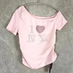 【ROMWE】Y2K ピンク オフショルダー キラキラ I ♡ NY TシャツSのサムネイル