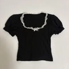 レース リボン クロップド トップス tシャツ 半袖 ブラック 黒
