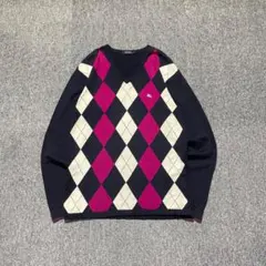 BURBERRY アーガイル ニット セーター ネイビー系 刺繍 ロゴ 羊毛混