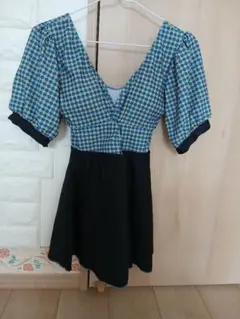 ワンピース水着 青と黒 チェック柄