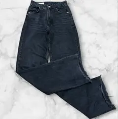 ZARA ブラックデニムパンツ レディース EUR32 ストレート ダメージ加工