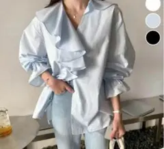 AMELY フリルブラウス 長袖 ブルー 韓国風 大人可愛い