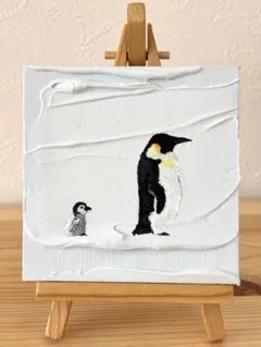 【Yesudio】ペンギンと子ペンギンのアクリル絵画 テクスチャーアート