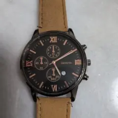 GENEVA メンズ腕時計 ブラウンベルト クォーツ。電池新品！