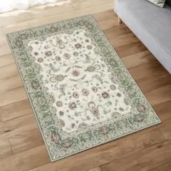 ペルシャ風花柄ラグ 90x150cm グリーン 洗える 滑り止め