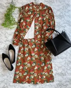 スカートセットアップ 花柄 オレンジ 9号 大人クラシカル 昭和レトロ 裏地付き