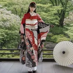 絞り 赤 白 黒 王道 古典 正絹 振袖 フルセット