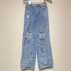 デニムパンツ ストレート ダメージ S 青 綿 カジュアル ジーンズ 美脚