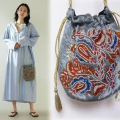 ヴィンテージ ペイズリービーズ刺繍 巾着ショルダーバッグ/ヌキテパ好きにも