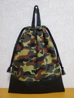 持ち手付き巾着袋 上靴入れ お道具袋 カモフラージュ ブラック 迷彩