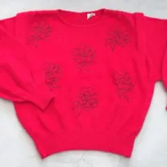 アンゴラ 赤 花柄 刺繍 袖切替 デザイン ニットセーター