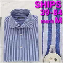 SHIPS ビジネスシャツ 39-84 メンズM 青ストライプ ワイドカラー
