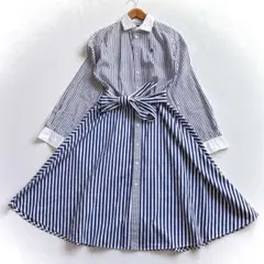 美品 ポロラルフローレン シャツワンピース 刺繍 0 ベルト ストライプ 青 白