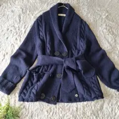 シーバイクロエ ケーブルニットカーディガン アンゴラ混 リボンベルト ネイビー