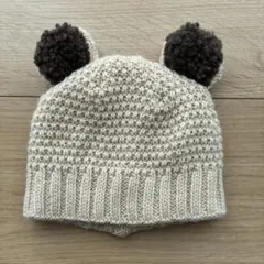 くま耳付きクリーム色ベビーニット帽子 46-48cm