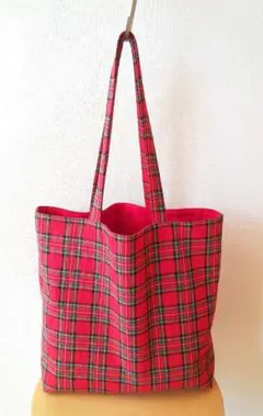 タータンチェック・マチあり大きな肩掛けくったりトートバッグ・裏地赤