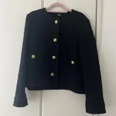 ミラオーウェン ノーカラーAライン金釦ツイードジャケット