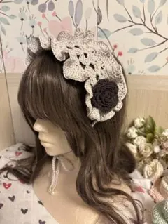 ヘッドドレス　薔薇　ラメ入り　バブーシュカ　ボンネット　ハンドメイド　ニット