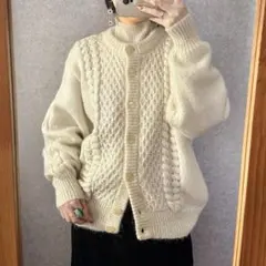 ヴィンテージ レトロ古着 モヘア混ケーブルニットカーディガン オフ白系