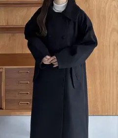 ブラック ダブルボタン ロングコート