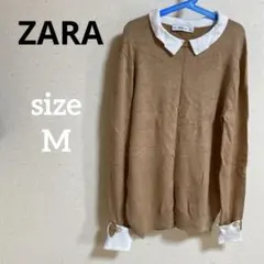 ZARA ベージュ 襟 長袖 ニット セーター パール M