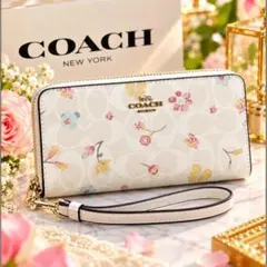新品 COACH コーチ 長財布 花柄 シグネチャー 白 レディース C8695