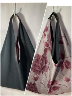 シルク薔薇柄×黒ニット三角バッグリバーシブルワンハンドルハンド４５４
